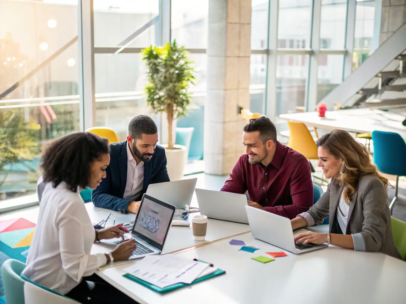 A professional photograph showcasing a diverse team of Enfuce employees collaborating in a modern office environment, emphasizing the company's commitment to innovation and client success.