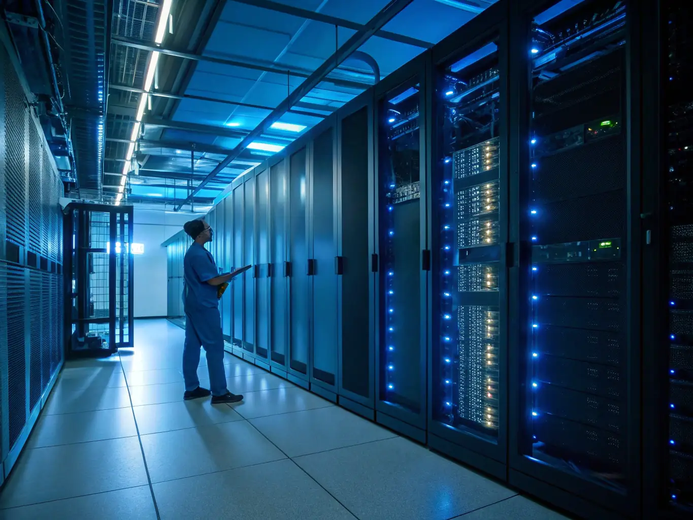 An image depicting a secure data processing center with servers and security personnel, highlighting the robust security measures in place for card processing.