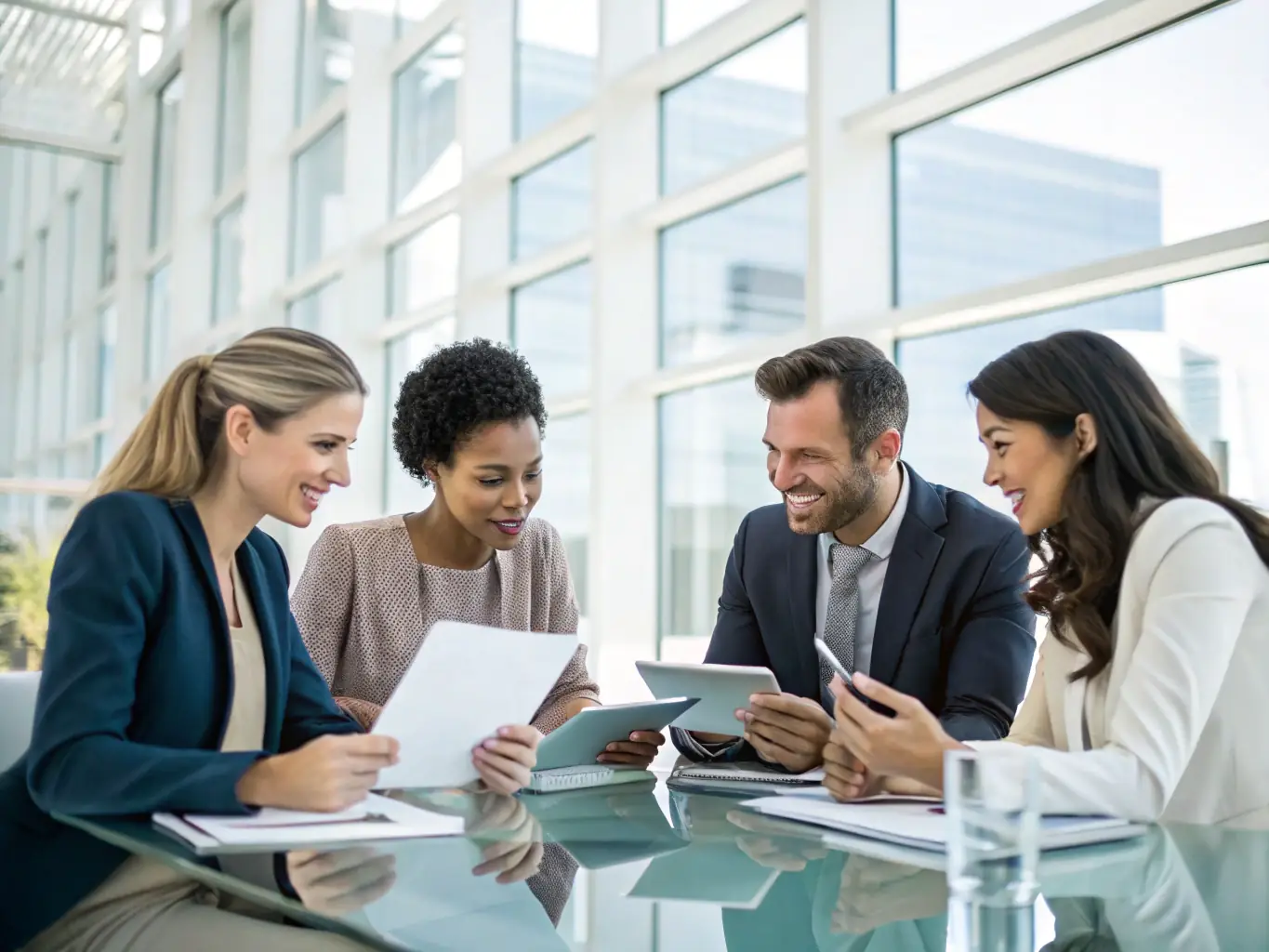 An image depicting a diverse team of financial technology experts collaborating in a modern office setting, highlighting Enfuce's commitment to innovation and customer support.